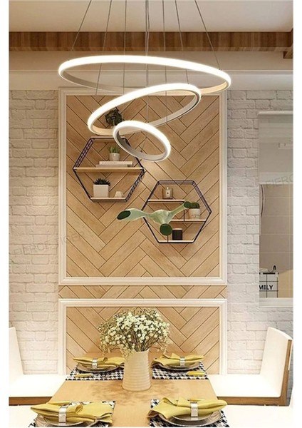 Rings Modern Tasarım Eskitme Renk - Yatak Odası - Salon - Çocuk Odası - Mutfak Beyaz LED 3 Lü Avize