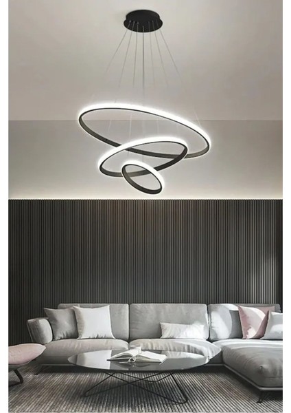 Rings Modern Tasarım Siyah Renk - Yatak Odası - Salon - Çocuk Odası - Mutfak Beyaz LED 3 Lü Avize fiyatları