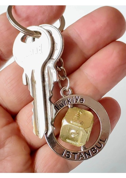 Motifli Zar Sarı Metalik Anahtarlık