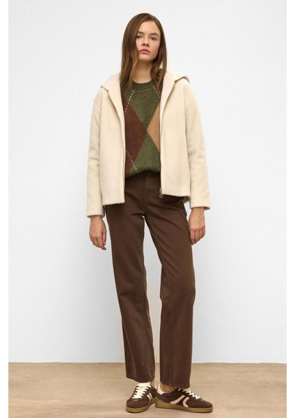 Kapüşonlu Fermuar Detaylı Oversize Kısa Kaban Bej 3130 fiyatları