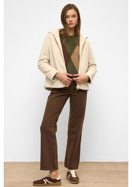 Kapüşonlu Fermuar Detaylı Oversize Kısa Kaban Bej 3130 modelleri