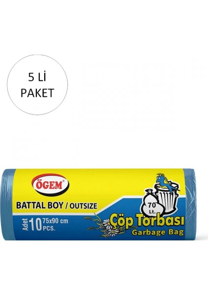 Battal Boy Çöp Torbası 75 x 90 cm 10 Lu Rulo x 5 Paket = 50 Adet (Mavi)