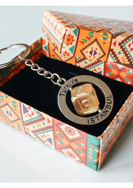 Motifli Zar Sarı Metalik Anahtarlık