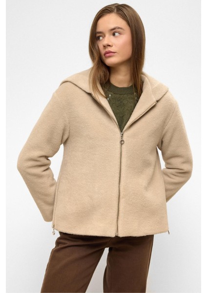 Kapüşonlu Fermuar Detaylı Oversize Kısa Kaban Koyu Bej 3130
