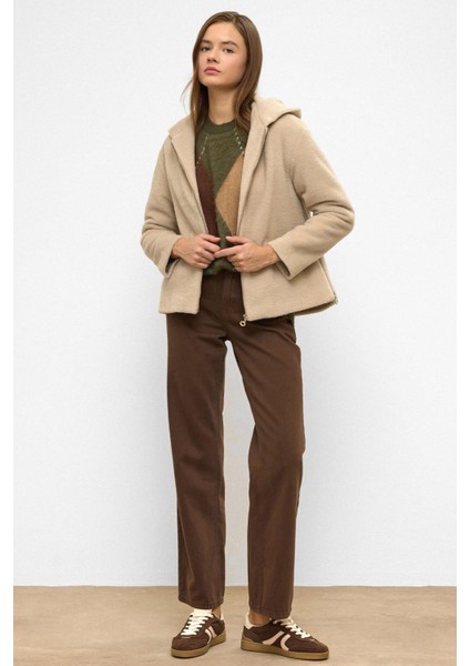 Kapüşonlu Fermuar Detaylı Oversize Kısa Kaban Koyu Bej 3130 fiyatları