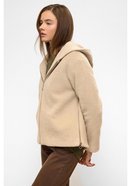 Kapüşonlu Fermuar Detaylı Oversize Kısa Kaban Koyu Bej 3130 modelleri