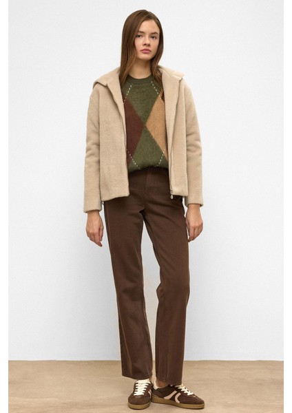 Kapüşonlu Fermuar Detaylı Oversize Kısa Kaban Koyu Bej 3130 fırsatları