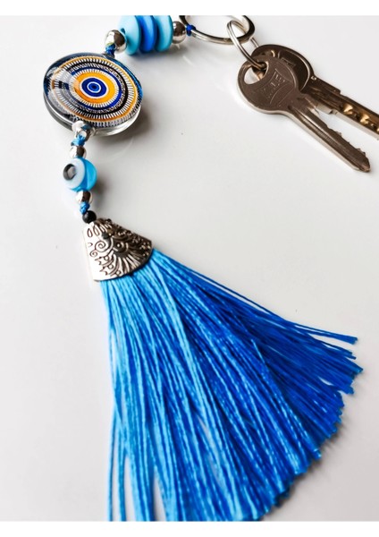 Mavi Cam Boncuklu Mavi Püsküllü Anahtarlık