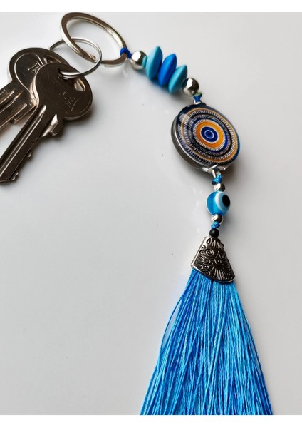 Mavi Cam Boncuklu Mavi Püsküllü Anahtarlık fırsatları