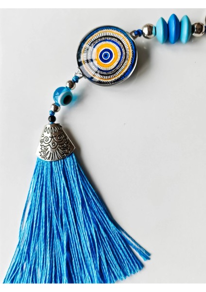 Mavi Cam Boncuklu Mavi Püsküllü Anahtarlık