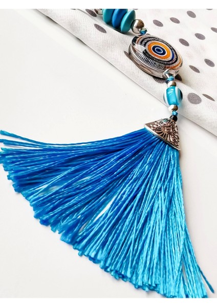 Mavi Cam Boncuklu Mavi Püsküllü Anahtarlık