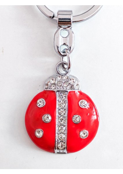 Üzeri Taşlarla Bezeli Kırmızı Uğur Böceği Metal Anahtarlık
