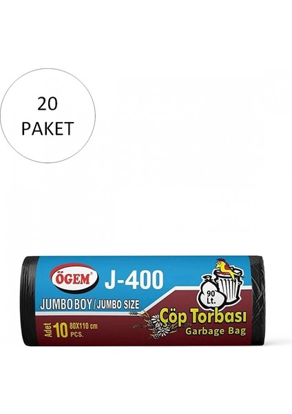 J-400 Jumbo Boy Çöp Torbası 80 x 110 cm 10 Lu Rulo x 20 Paket = 200 Adet (Siyah)