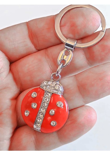 Üzeri Taşlarla Bezeli Kırmızı Uğur Böceği Metal Anahtarlık