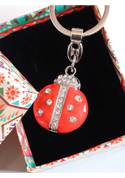 Üzeri Taşlarla Bezeli Kırmızı Uğur Böceği Metal Anahtarlık