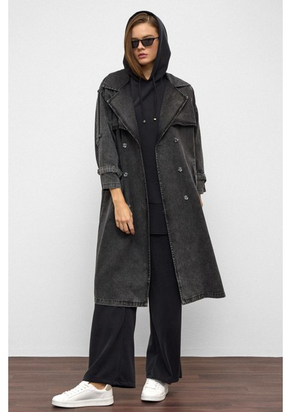 Apolet ve Pelerin Detaylı Oversize Denim Trençkot Antrasit 6789 fiyatları