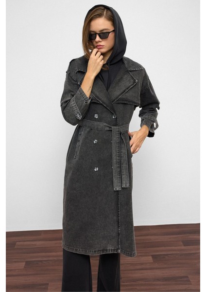 Apolet ve Pelerin Detaylı Oversize Denim Trençkot Antrasit 6789 modelleri