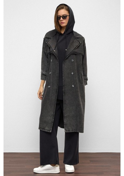 Apolet ve Pelerin Detaylı Oversize Denim Trençkot Antrasit 6789 fırsatları