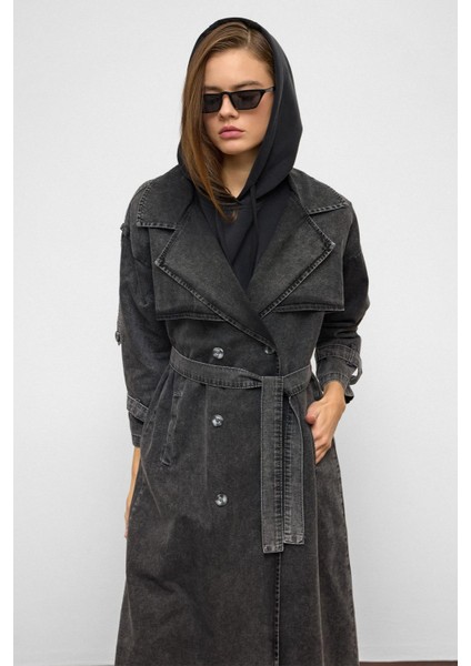 Apolet ve Pelerin Detaylı Oversize Denim Trençkot Antrasit 6789 indirimleri