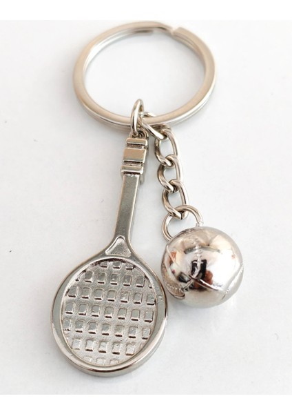 Gümüş Rengi Tenis Raketi ve Tenis Topu Şeklinde Metal Anahtarlık