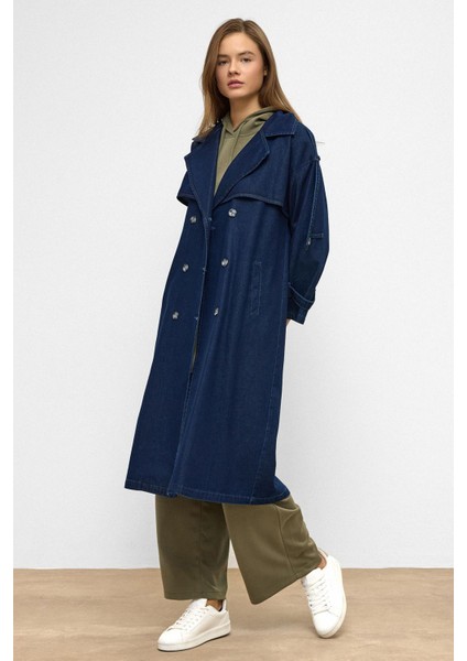 Apolet ve Pelerin Detaylı Oversize Denim Trençkot Koyu Mavi 6789 fiyatları