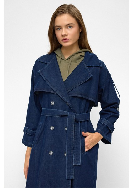 Apolet ve Pelerin Detaylı Oversize Denim Trençkot Koyu Mavi 6789 modelleri