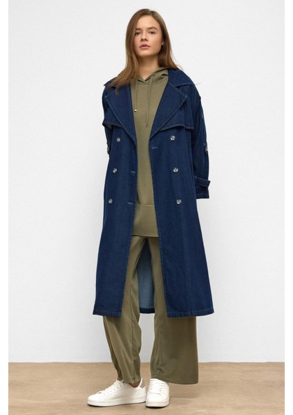 Apolet ve Pelerin Detaylı Oversize Denim Trençkot Koyu Mavi 6789 fırsatları