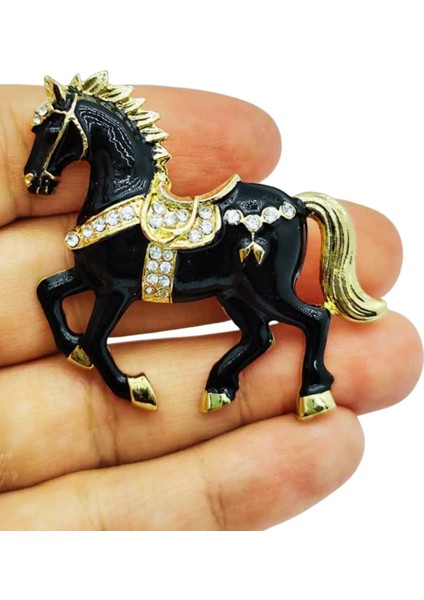 Siyah & Beyaz At Broş - Kristal Taşlı Zarif Horse Brooch | Şık Hayvan Figürlü Aksesuar