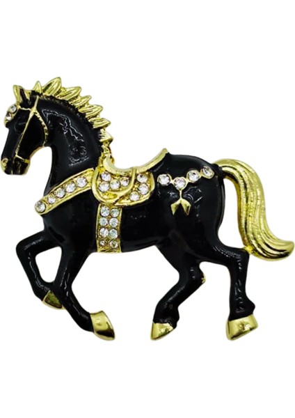 Siyah & Beyaz At Broş - Kristal Taşlı Zarif Horse Brooch | Şık Hayvan Figürlü Aksesuar fiyatları