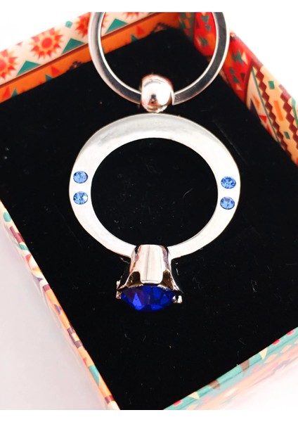 Mavi Tek Taşlı Yüzük Şeklinde Metal Anahtarlık