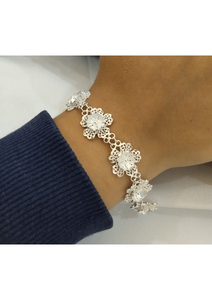 Gümüş Telkari Çiçek Model Bileklik - 925 Ayar