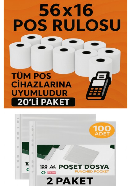 Ofis Seti - Pos Rulosu 56X16 (20’li Paket) + A4 Poşet Dosya (2 Paket, 100’LÜ)