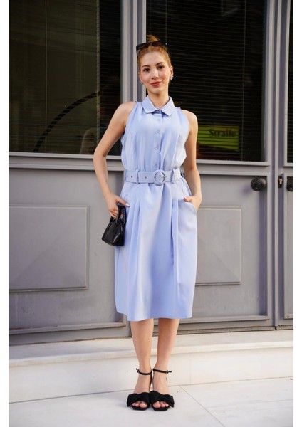 Gömlek Yaka Kemerli Elbise Mavi S255061 modelleri