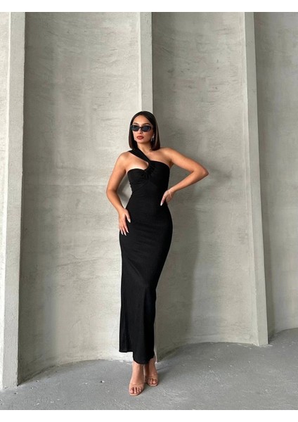 Krinkıl Tek Omuz Uzun Elbise Siyah S25455