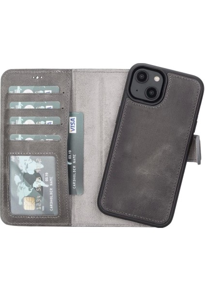 Apple iPhone 14 Uyumlu Deri Cüzdanlı Kılıf Mwwn VS4EF Gri