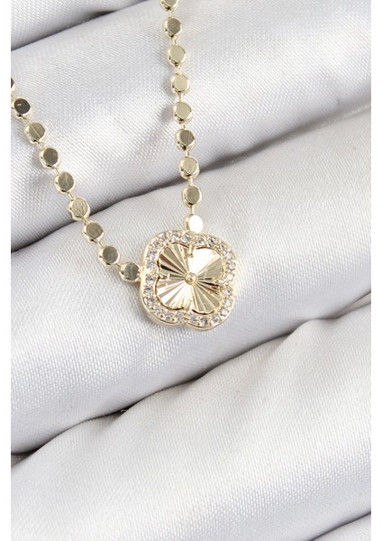 Bfs Pirinç Zirkon Taşlı Yonca Model Ezme Zincir Gold Renk Kadın Kolye