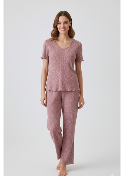 Kadın Bambulu Mevsimlik Pijama Takımı Gül Kurusu Regular Fit Alt Üst Takım Kısa Kol Lastikli Esnek V Yaka 2'li Takım Cepsiz fiyatları
