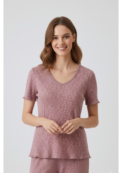 Kadın Bambulu Mevsimlik Pijama Takımı Gül Kurusu Regular Fit Alt Üst Takım Kısa Kol Lastikli Esnek V Yaka 2'li Takım Cepsiz modelleri