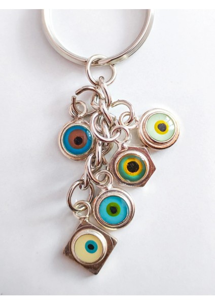 Zincirli Farklı Renklerde Küçük Cam Gözlerden Oluşan Metal Anahtarlık