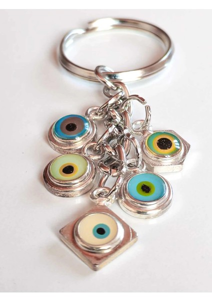 Zincirli Farklı Renklerde Küçük Cam Gözlerden Oluşan Metal Anahtarlık modelleri