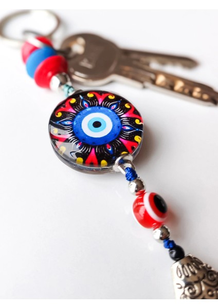 Kırmızı Siyah Cam Boncuklu Mavi Püsküllü Anahtarlık