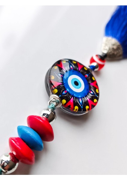Kırmızı Siyah Cam Boncuklu Mavi Püsküllü Anahtarlık modelleri