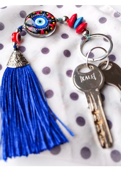 Kırmızı Siyah Cam Boncuklu Mavi Püsküllü Anahtarlık indirimleri