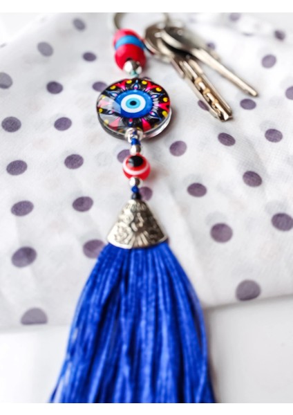 Kırmızı Siyah Cam Boncuklu Mavi Püsküllü Anahtarlık