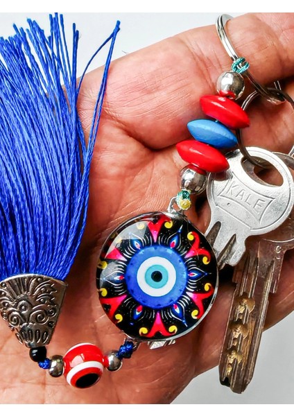 Kırmızı Siyah Cam Boncuklu Mavi Püsküllü Anahtarlık