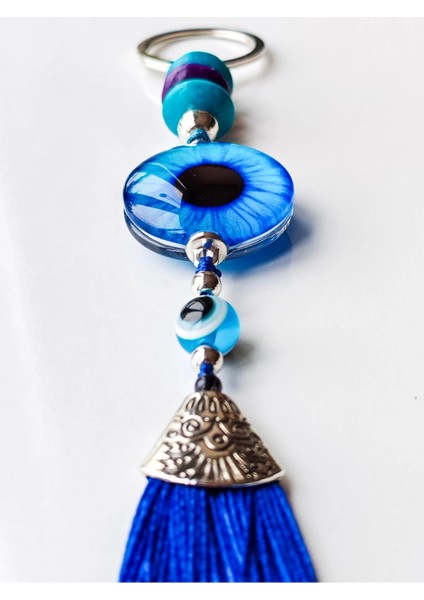 Mavi Cam Boncuklu Lacivert Püsküllü Anahtarlık