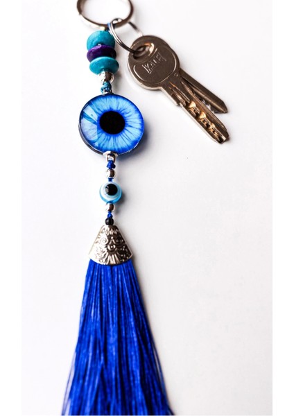 Mavi Cam Boncuklu Lacivert Püsküllü Anahtarlık modelleri