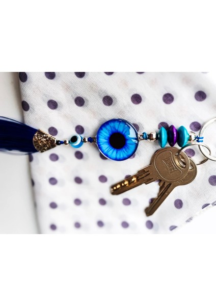 Mavi Cam Boncuklu Lacivert Püsküllü Anahtarlık