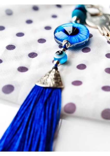 Mavi Cam Boncuklu Lacivert Püsküllü Anahtarlık
