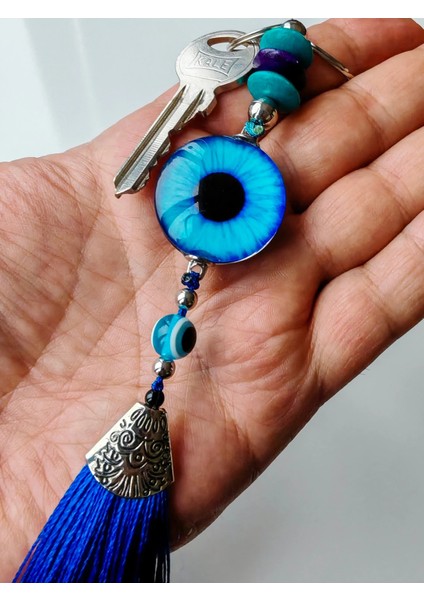 Mavi Cam Boncuklu Lacivert Püsküllü Anahtarlık